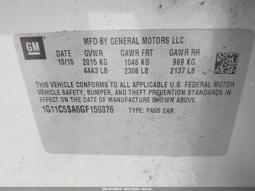 2016 Chevrolet Malibu Limited Lt VIN: 1G11C5SA6GF159376 Lot: 45145818