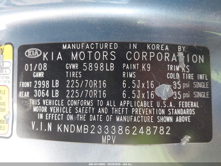 2008 Kia Sedona Lx VIN: KNDMB233386248782 Lot: 45145882