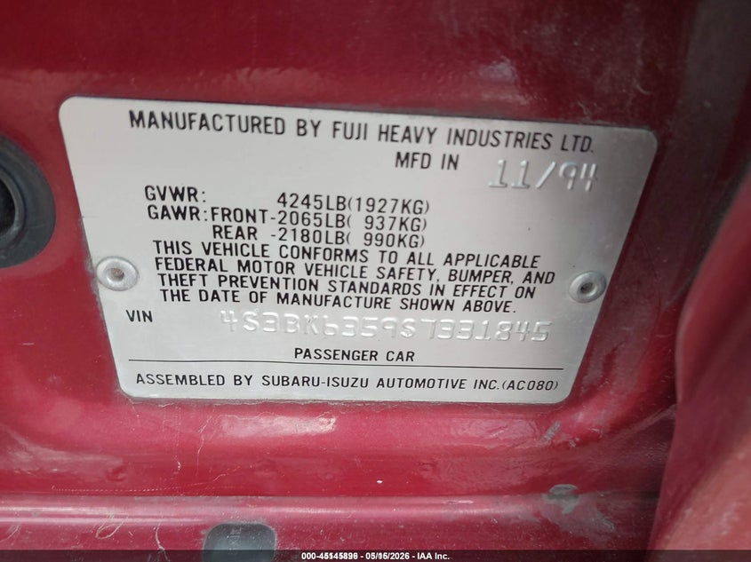 1995 Subaru Legacy L/Outback VIN: 4S3BK6359S7331845 Lot: 45145896