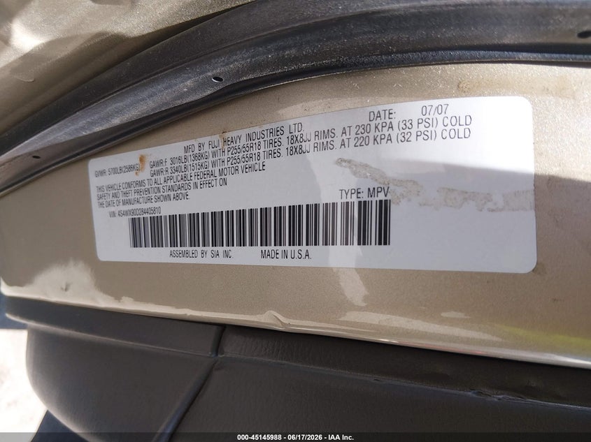 2008 Subaru Tribeca Limited 7-Passenger VIN: 4S4WX90D284405810 Lot: 45145988
