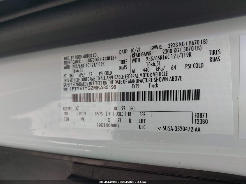 Vin: 1ftye1yg2mka85199, lot: 45643642, ford transit-150 20214