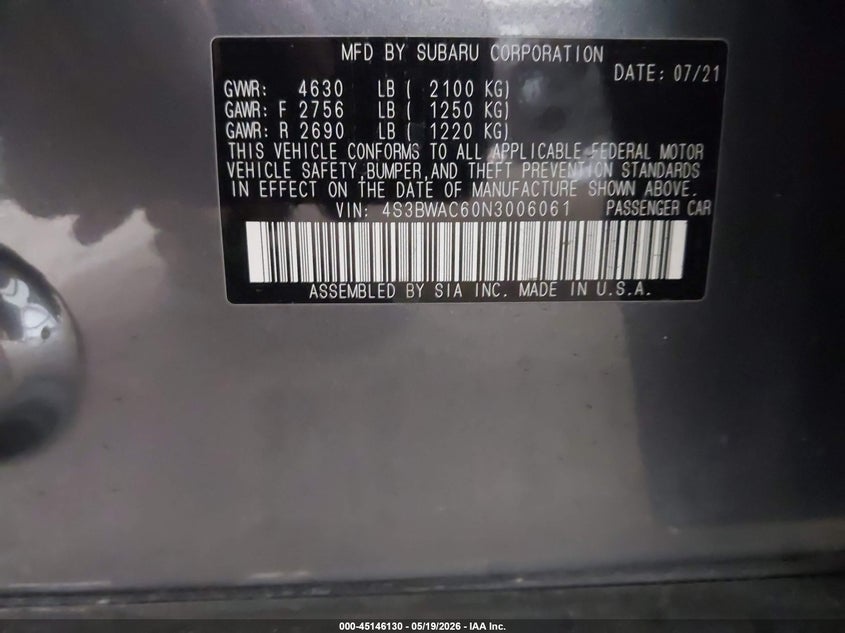 2022 Subaru Legacy Premium VIN: 4S3BWAC60N3006061 Lot: 45146130