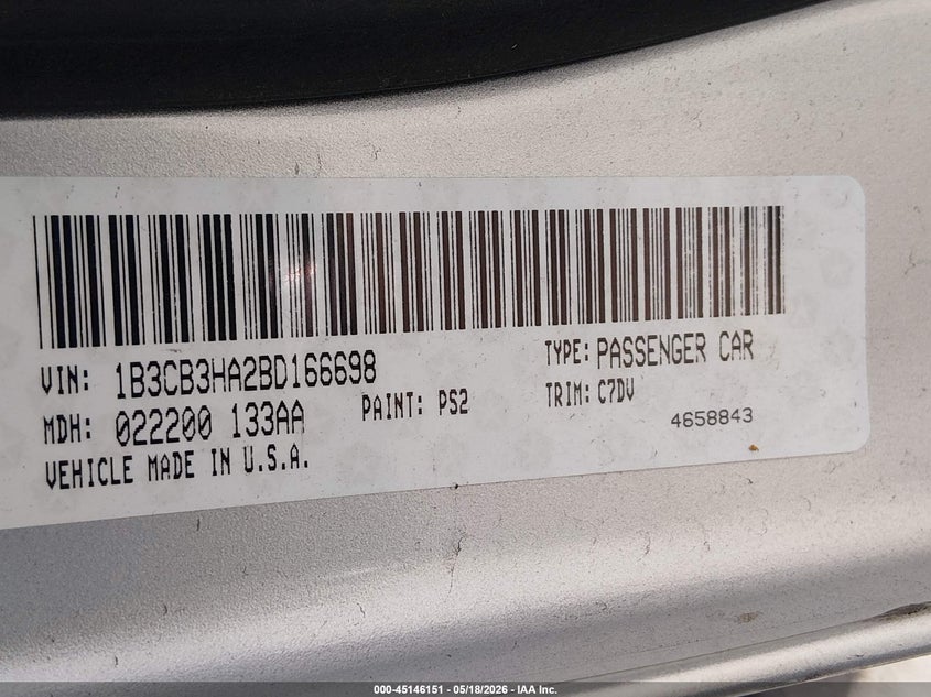 2011 Dodge Caliber 2.0 Mainstreet Silver Lot 111045146151 Vin 1B3CB3HA2BD166698