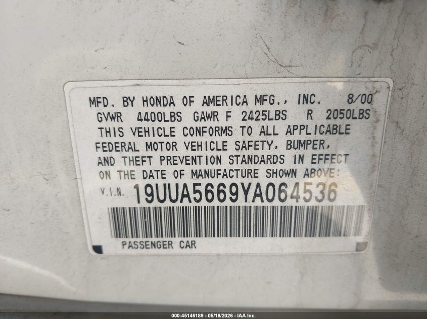 2000 Acura Tl 3.2 VIN: 19UUA5669YA064536 Lot: 45146189