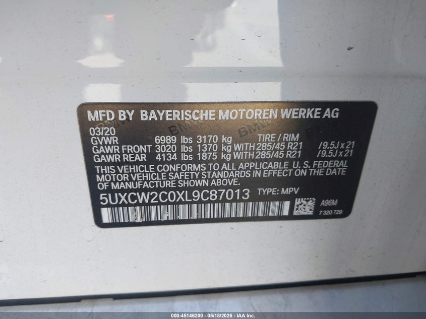 2020 BMW X7 xDrive40I VIN: 5UXCW2C0XL9C87013 Lot: 45146200