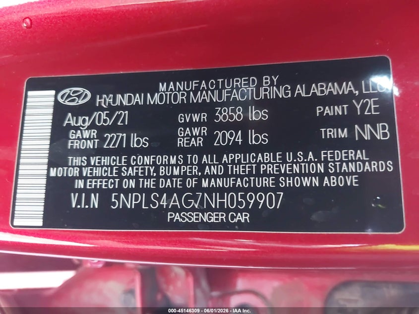 2022 Hyundai Elantra Sel VIN: 5NPLS4AG7NH059907 Lot: 45146309
