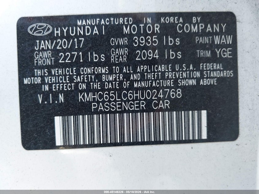 2017 Hyundai Ioniq Hybrid Blue VIN: KMHC65LC6HU024768 Lot: 45146326