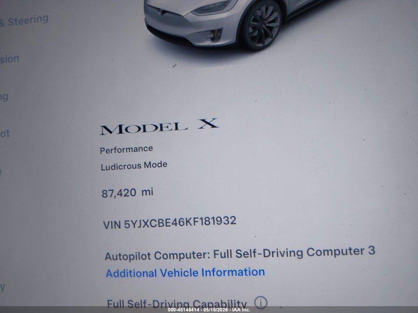 2019 Tesla Model X P100D/Performance VIN: 5YJXCBE46KF181932 Lot: 45146414