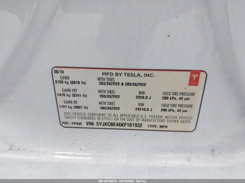 2019 Tesla Model X P100D/Performance VIN: 5YJXCBE46KF181932 Lot: 45146414