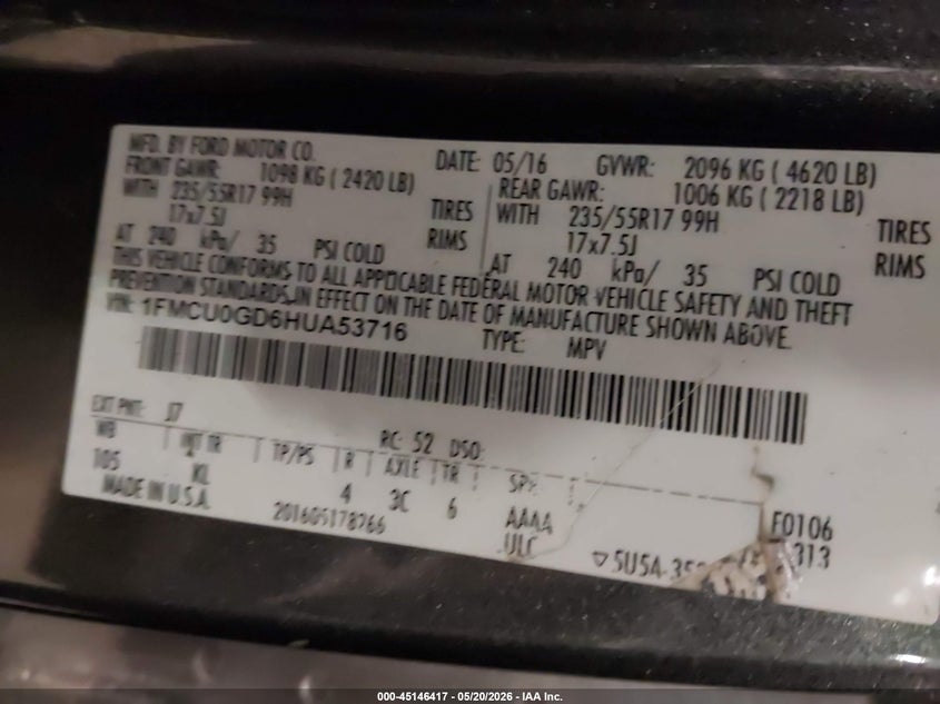 VIN 1FMCU0GD6HUA53716 2017 FORD ESCAPE SE