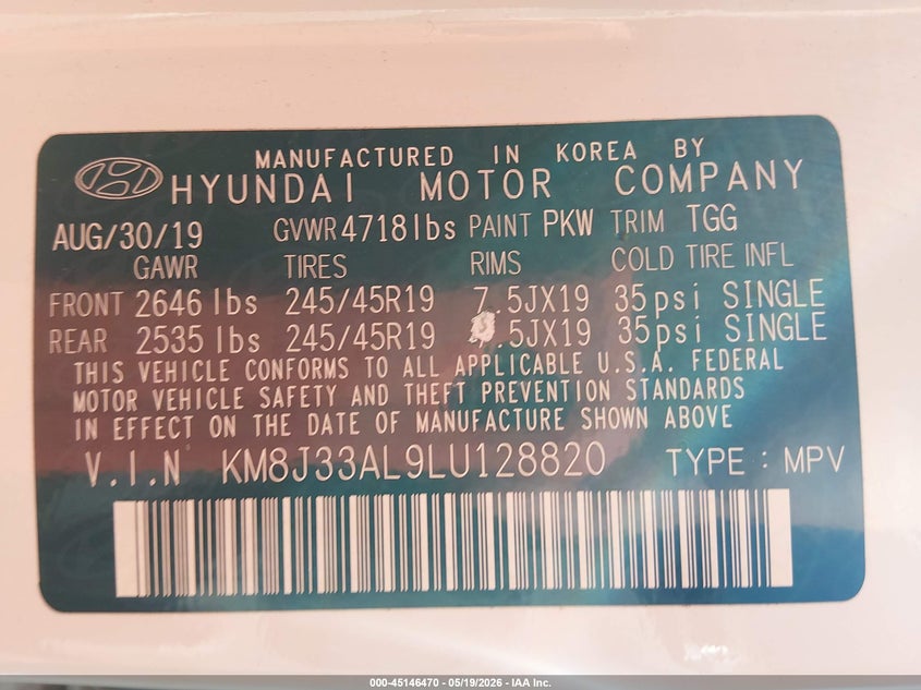 VIN KM8J33AL9LU128820 2020 HYUNDAI TUCSON SPORT