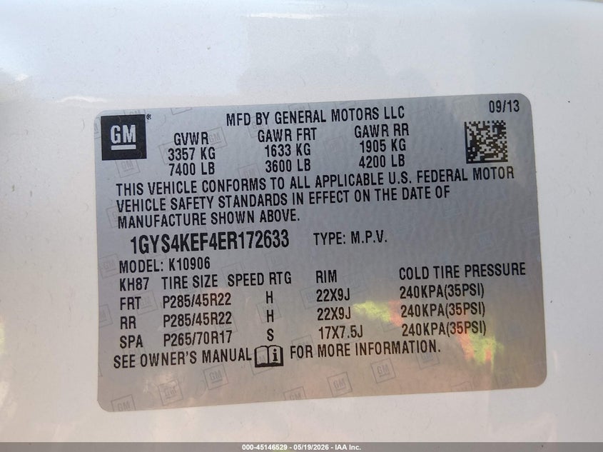 CADILLAC ESCALADE ESV 2014 VIN 1GYS4KEF4ER172633