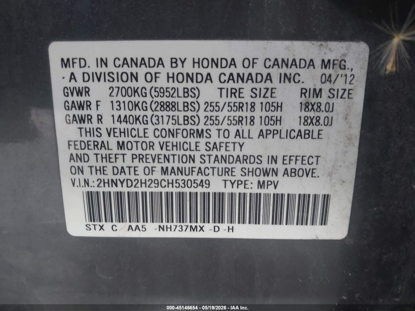 ACURA MDX 2012 VIN 2HNYD2H29CH530549