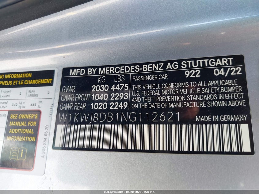 2022 Mercedes-Benz C 300 Coupe VIN: W1KWJ8DB1NG112621 Lot: 45146801