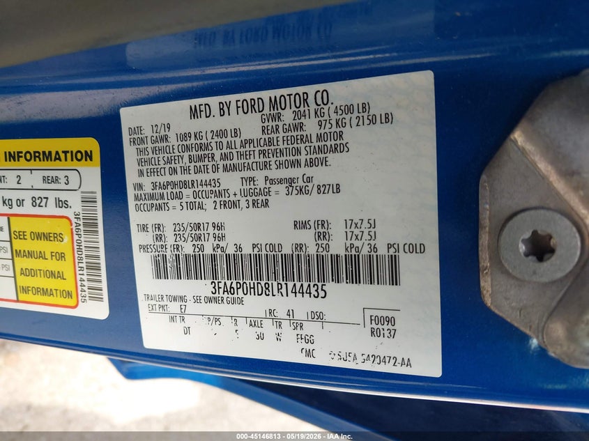 VIN 3FA6P0HD8LR144435 2020 FORD FUSION SE