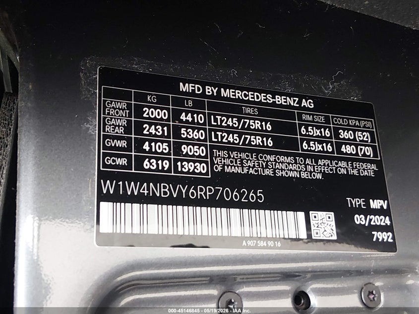 2024 Mercedes-Benz Sprinter 2500 Standard Roof 4-Cyl Diesel Ho VIN: W1W4NBVY6RP706265 Lot: 45146845