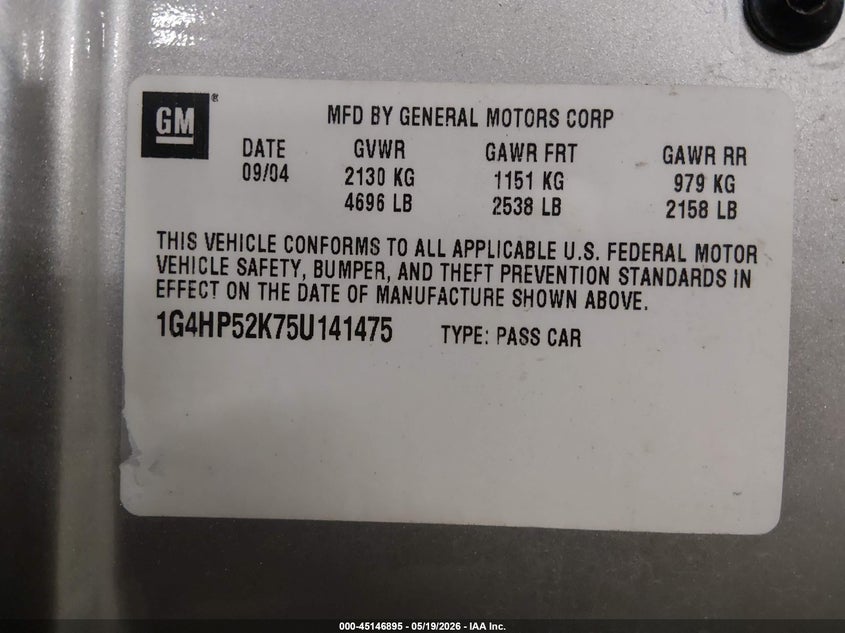 2005 Buick Lesabre Custom VIN: 1G4HP52K75U141475 Lot: 45146895