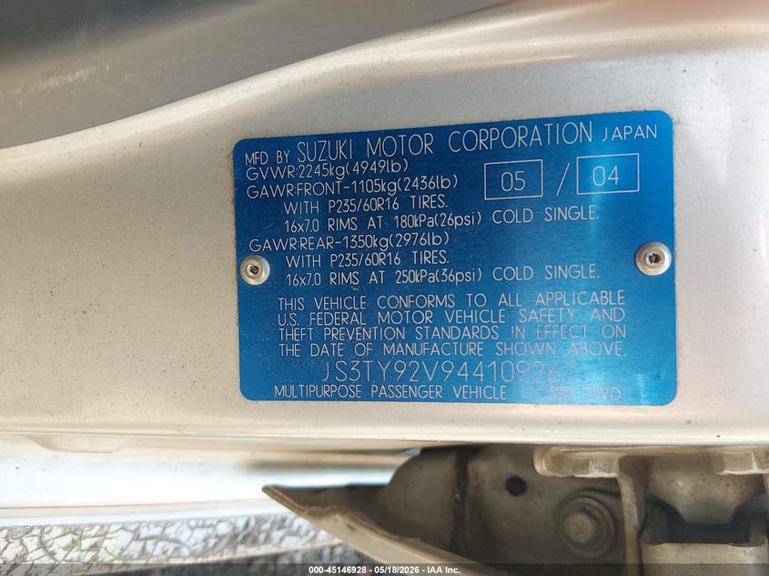 2004 Suzuki Xl-7 Ex/Lx VIN: JS3TY92V944109267 Lot: 45146928