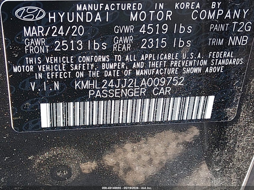 VIN KMHL24JJ2LA009752 2020 HYUNDAI SONATA HYBRID BLUE