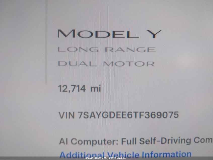 2026 TESLA MODEL Y ELECTRIC(VIN: 7SAYGDEE6TF369075