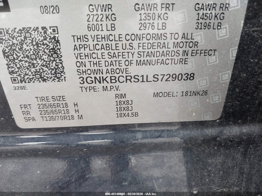 VIN 3GNKBCRS1LS729038 2020 CHEVROLET BLAZER FWD 2LT