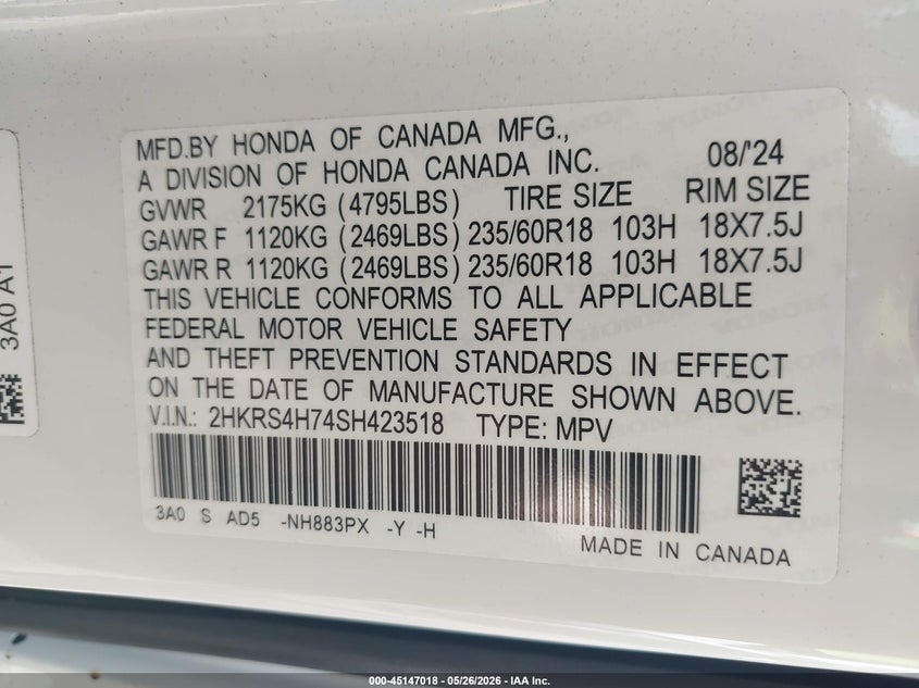 2025 HONDA CR-V 1.5L I-4 DI, DOHC, V(VIN: 2HKRS4H74SH423518