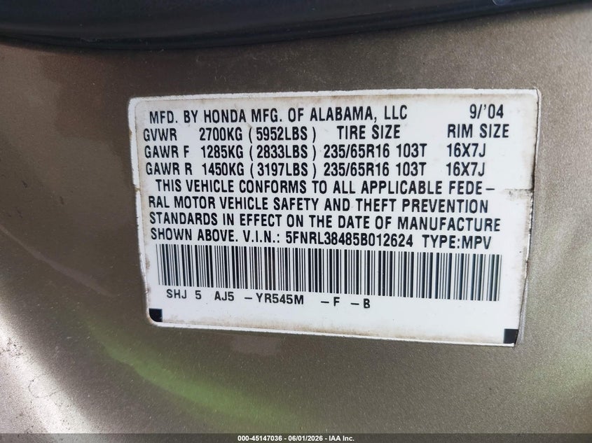 2005 Honda Odyssey Ex VIN: 5FNRL38485B012624 Lot: 45147036