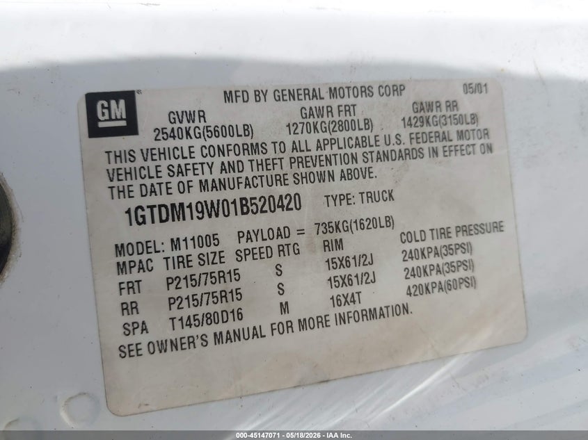 2001 GMC Safari Sl VIN: 1GTDM19W01B520420 Lot: 45147071