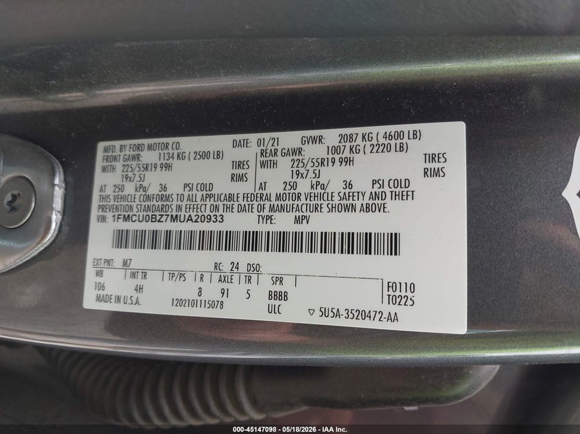 2021 FORD ESCAPE SPORT UTILITY VEHICLE 2.5L I-4 DOHC, VVT, 165HP