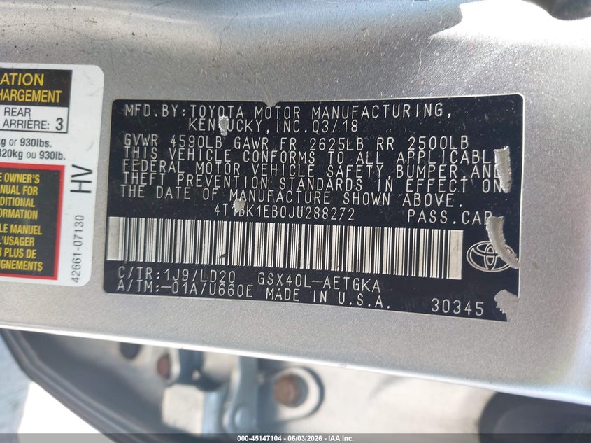 2018 Toyota Avalon Xle VIN: 4T1BK1EB0JU288272 Lot: 45147104