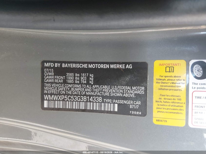 2016 Mini Hardtop Cooper VIN: WMWXP5C53G3B14338 Lot: 45147113