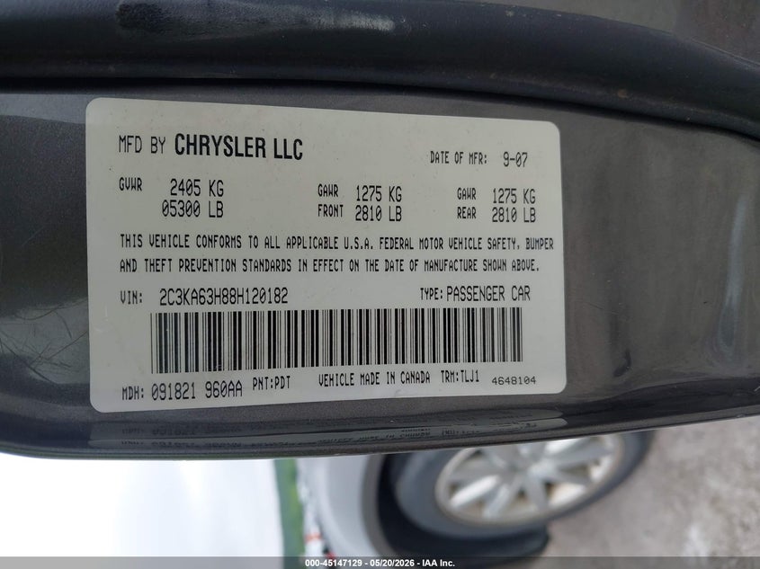 2008 Chrysler 300C Hemi VIN: 2C3KA63H88H120182 Lot: 45147129
