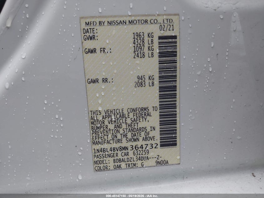 VIN 1N4BL4BV8MN364732 2021 NISSAN ALTIMA S FWD