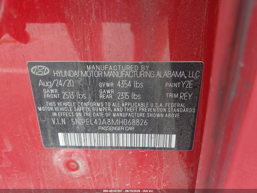 2021 HYUNDAI SONATA 2.5L I-4 DI, DOHC, V(VIN: 5NPEL4JA8MH068826