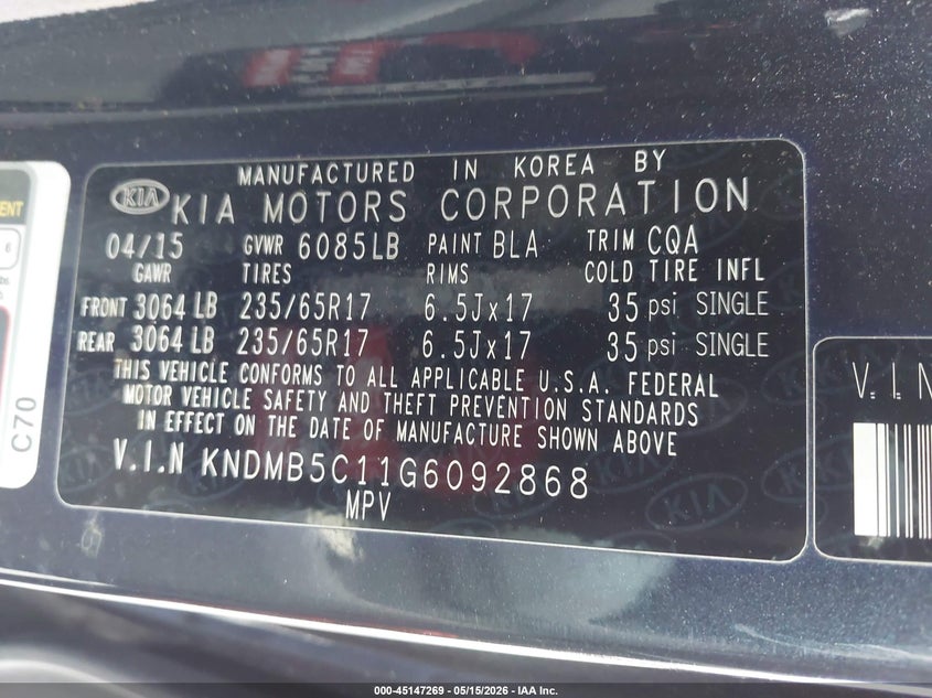 2016 Kia Sedona Lx VIN: KNDMB5C11G6092868 Lot: 45147269