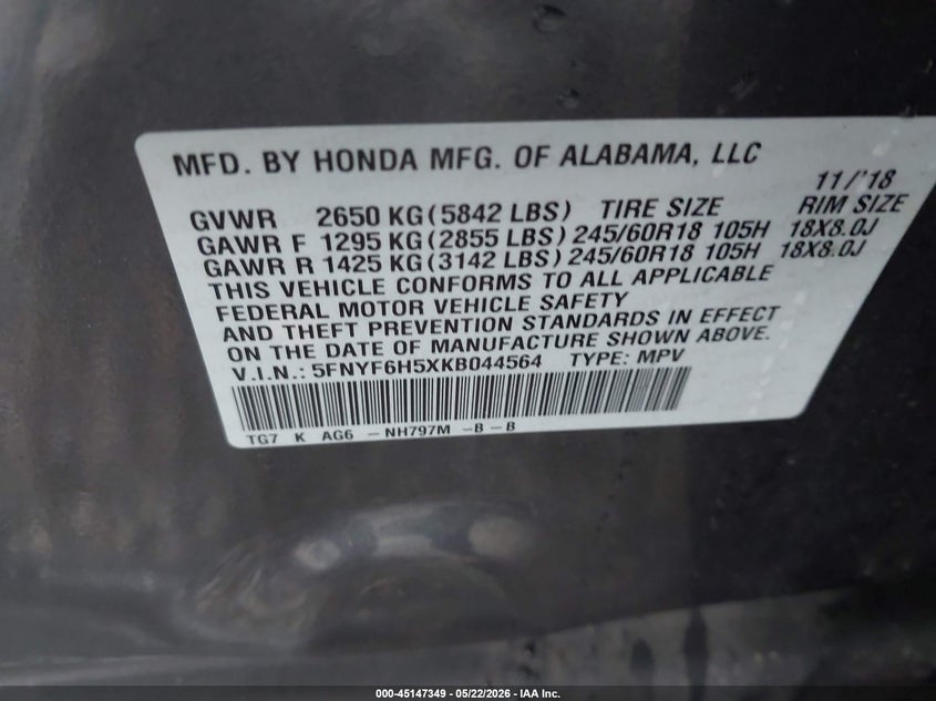 2019 HONDA PILOT SPORT UTILITY VEHICLE 3.5L V-6 DI, VVT, 280HP