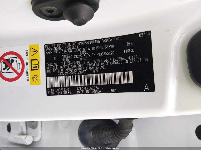 LEXUS RX 350 2019 VIN 2T2BZMCA3KC189077