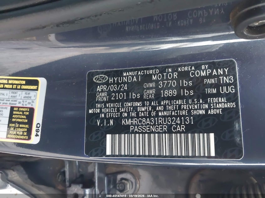 2024 Hyundai Venue Limited VIN: KMHRC8A31RU324131 Lot: 45147415