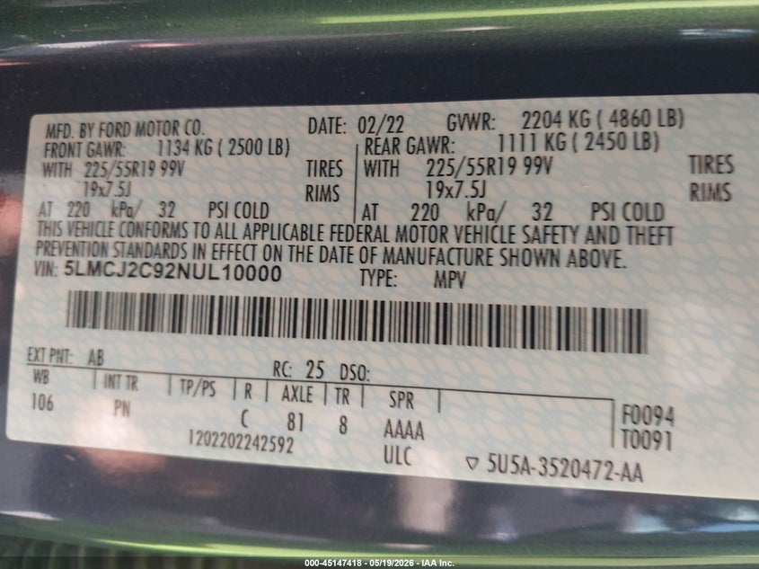 2022 Lincoln Corsair Reserve VIN: 5LMCJ2C92NUL10000 Lot: 45147418