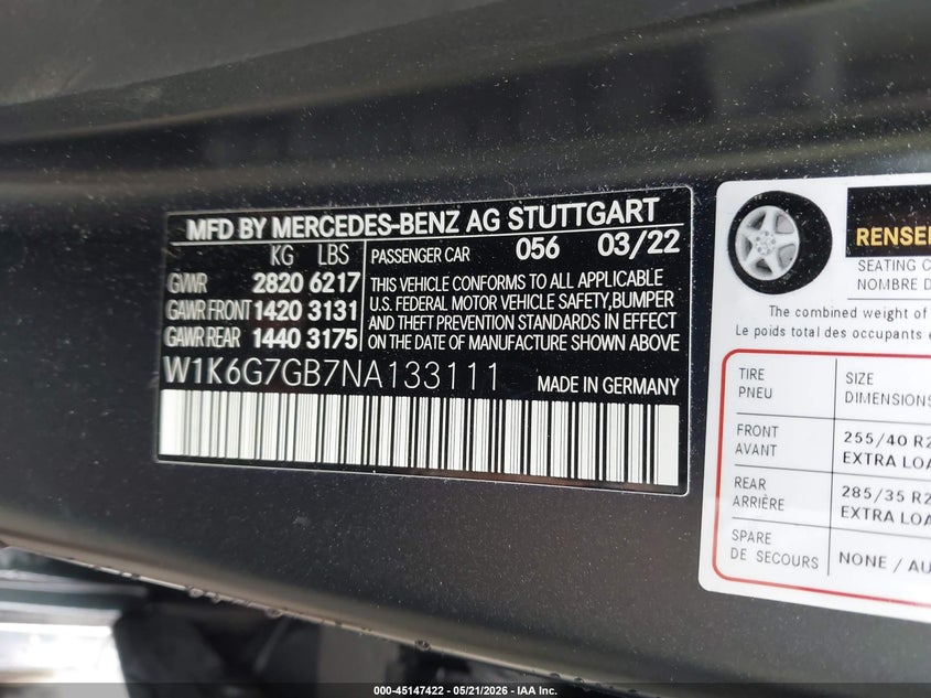 2022 Mercedes-Benz S 580 4Matic VIN: W1K6G7GB7NA133111 Lot: 45147422