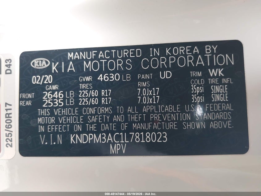 VIN KNDPM3AC1L7818023 2020 KIA SPORTAGE LX