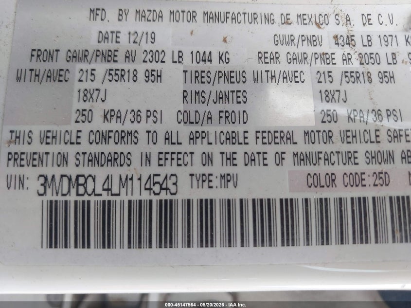 VIN: 3MVDMBCL4LM114543 2020 MAZDA CX-30 SELECT PACKAGE