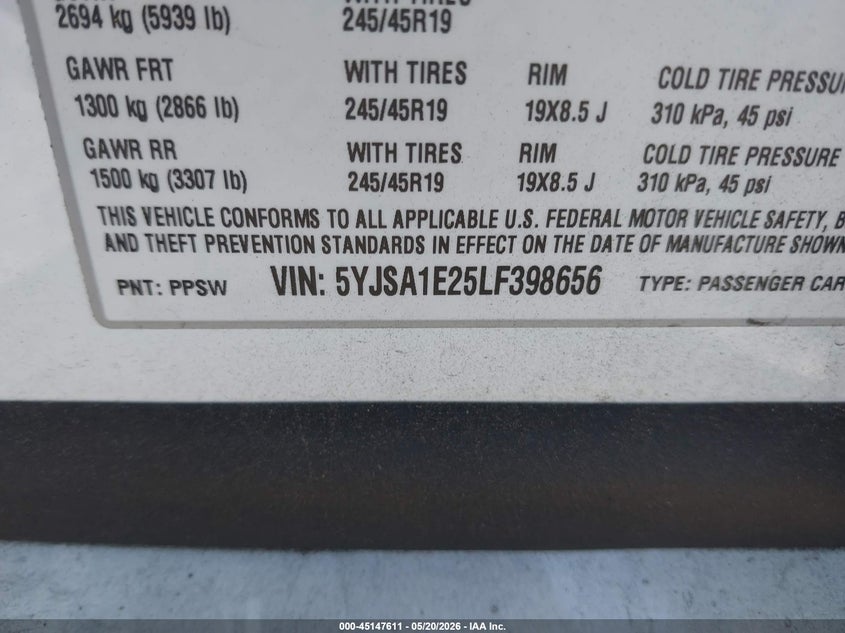 2020 Tesla Model S Long Range Dual Motor All-Wheel Drive/Long Range Plus Dual Motor All-Wheel Drive VIN: 5YJSA1E25LF398656 Lot: 45147611