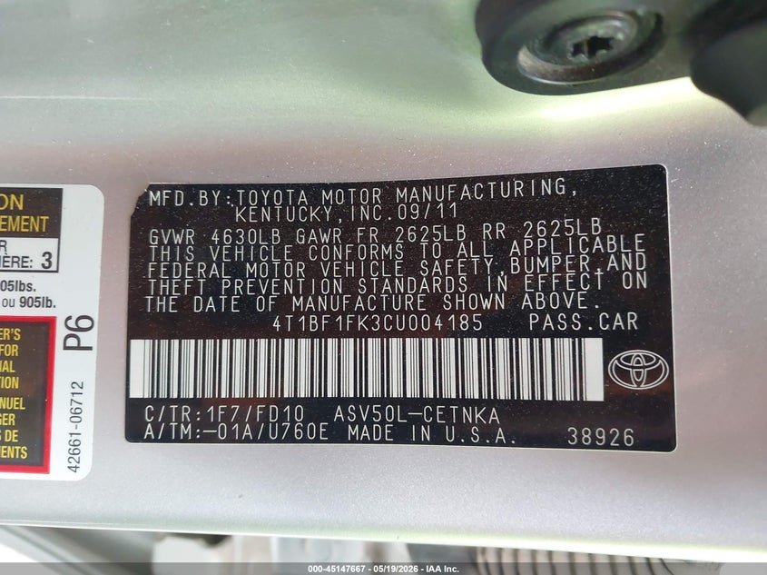 2012 TOYOTA CAMRY SEDAN 2.5L I-4 DOHC, VVT, 173HP
