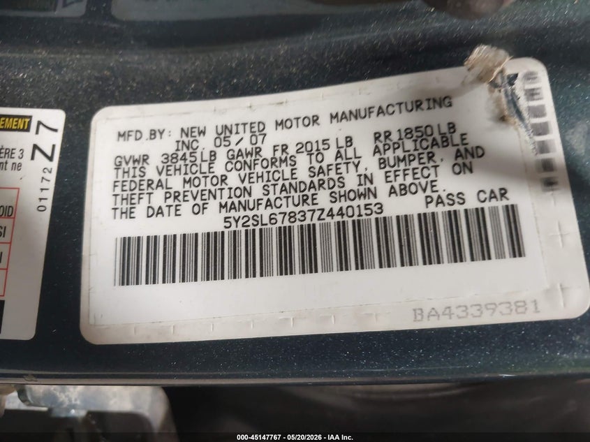 2007 Pontiac Vibe VIN: 5Y2SL67837Z440153 Lot: 45147767