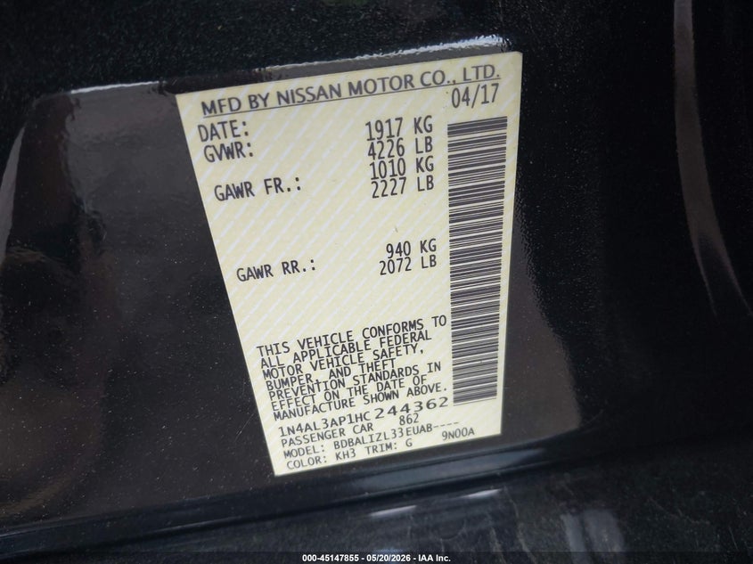 VIN 1N4AL3AP1HC244362 2017 NISSAN ALTIMA 2.5 SV