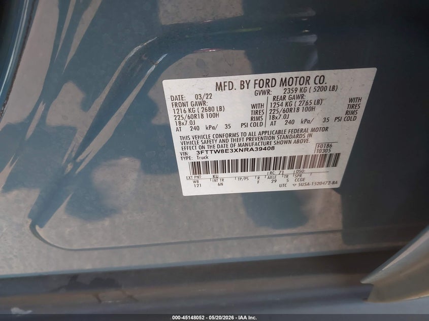 2022 Ford Maverick Lariat VIN: 3FTTW8E3XNRA39408 Lot: 45148052