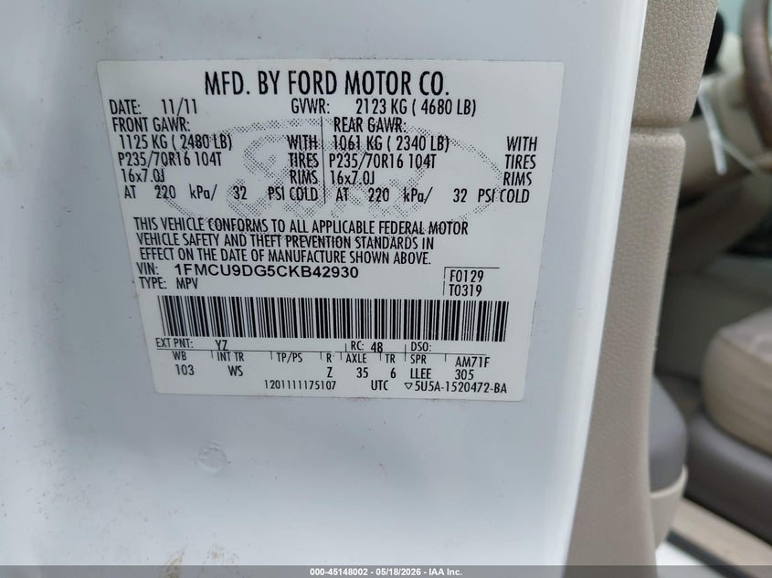 2012 Ford Escape 3.0 Xlt white Lot 111045148002 Vin 1FMCU9DG5CKB42930