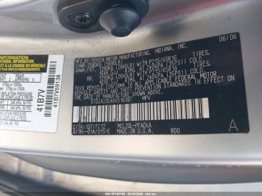 TOYOTA SIENNA 2006 VIN 5TDZA23C46S516387