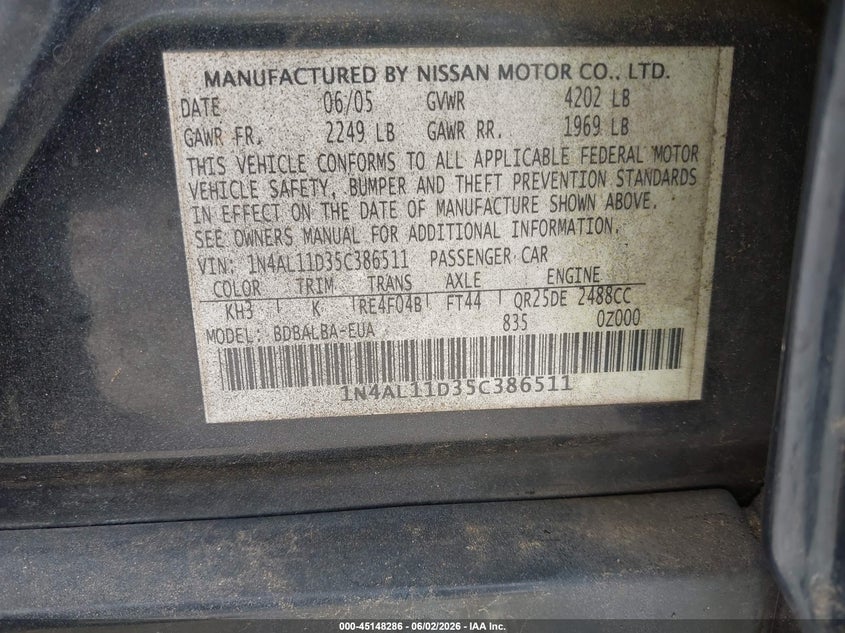 2005 Nissan Altima 2.5 S VIN: 1N4AL11D35C386511 Lot: 45148286
